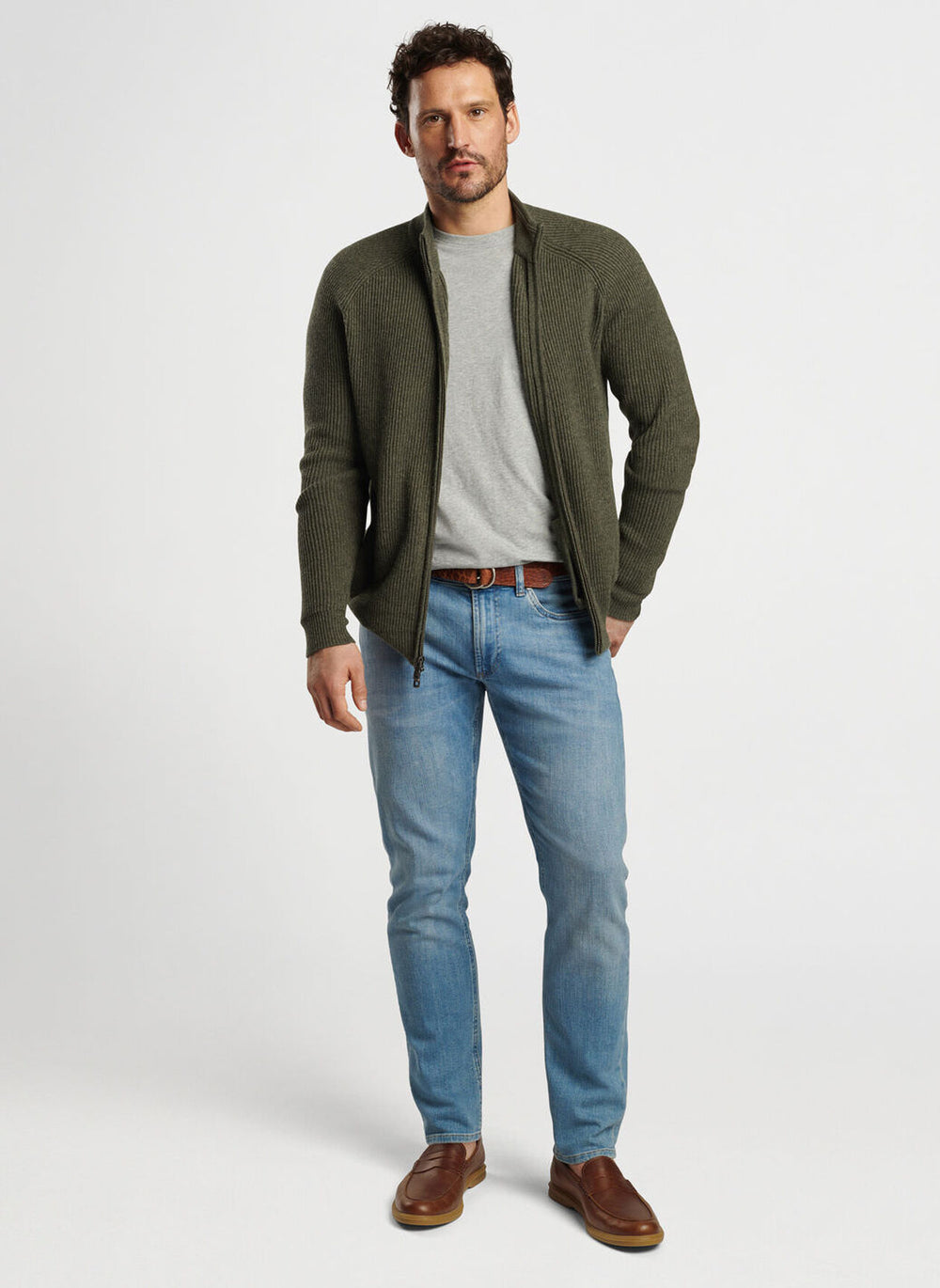 Peter Millar Crescent Full Zip Sweater In Military