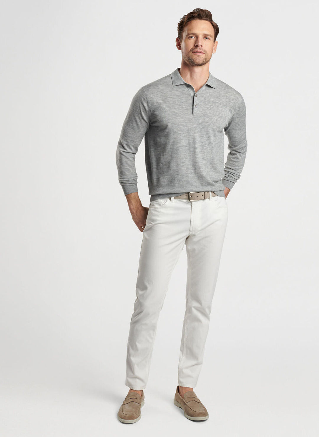 Peter Millar Excursionist Flex Sweater Polo In Gale Grey