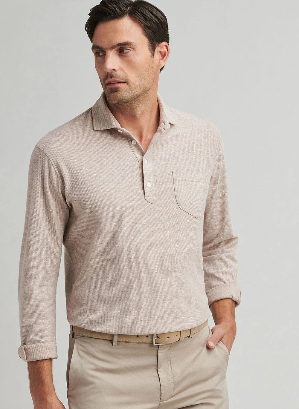 Peter Millar Croxley Long-Sleeve Polo In Truffle