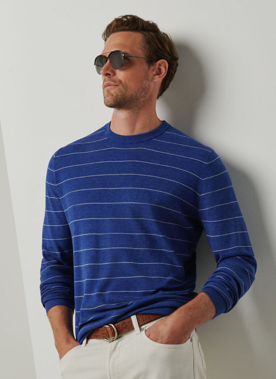 Peter Millar Hastings Stripe Crew Sweater In Ocean Blue